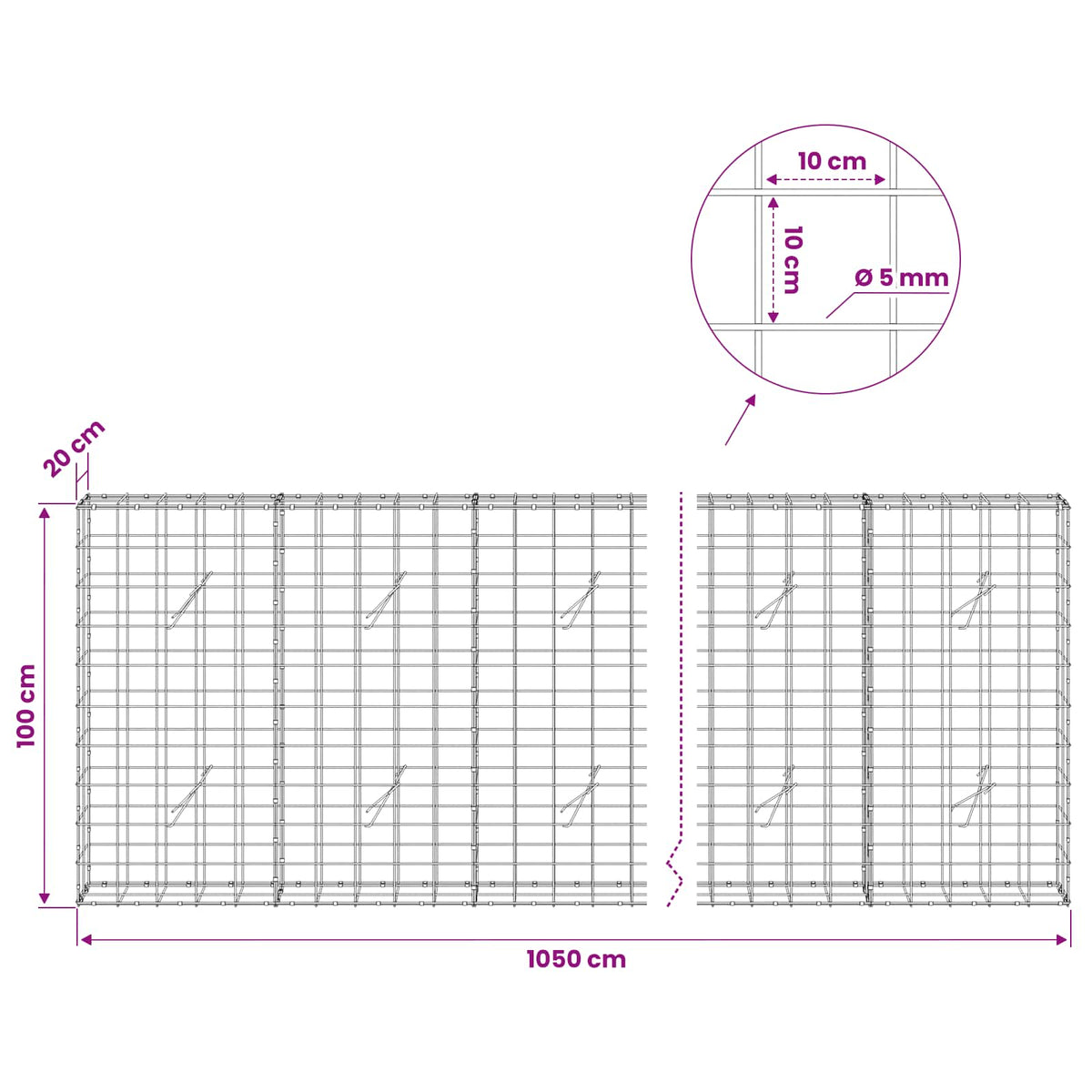 vidaXL Gabion with 5 mm Wire and 10x10 cm Mesh 1050x20x100 cm 6
