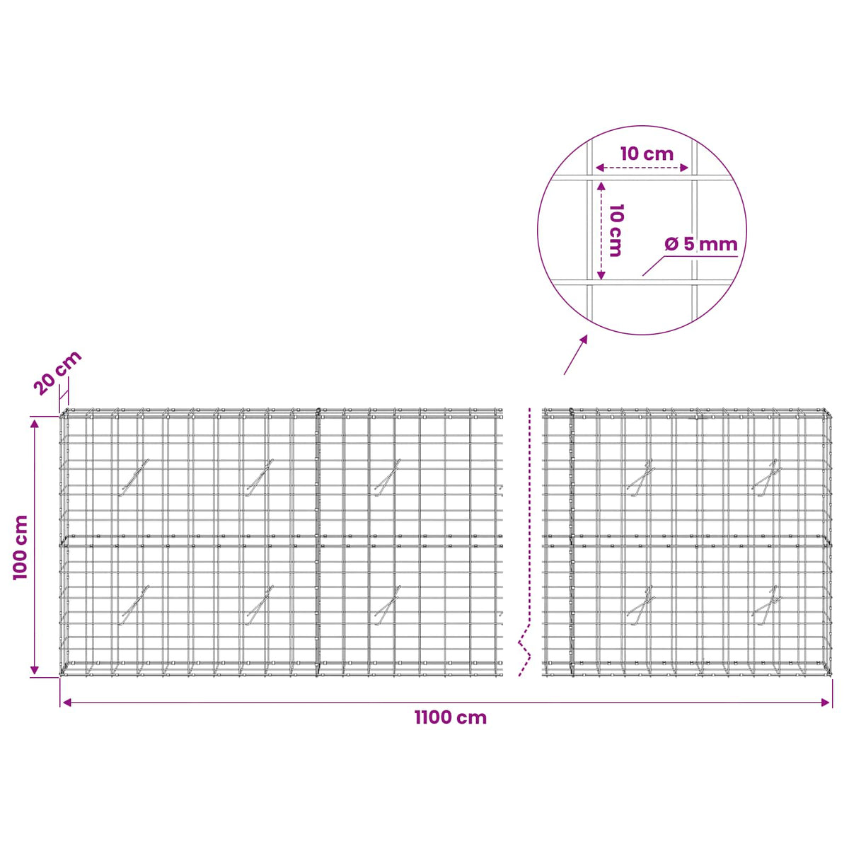 vidaXL Gabion with 5 mm Wire and 10x10 cm Mesh 1100x20x100 cm 6