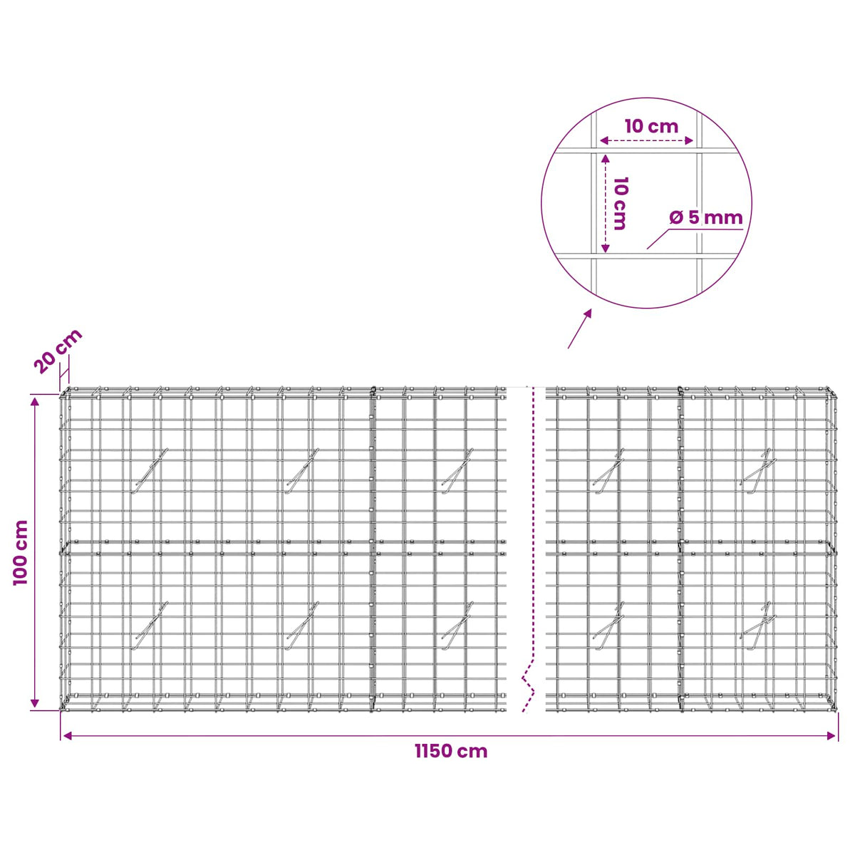 vidaXL Gabion with 5 mm Wire and 10x10 cm Mesh 1150x20x100 cm 6