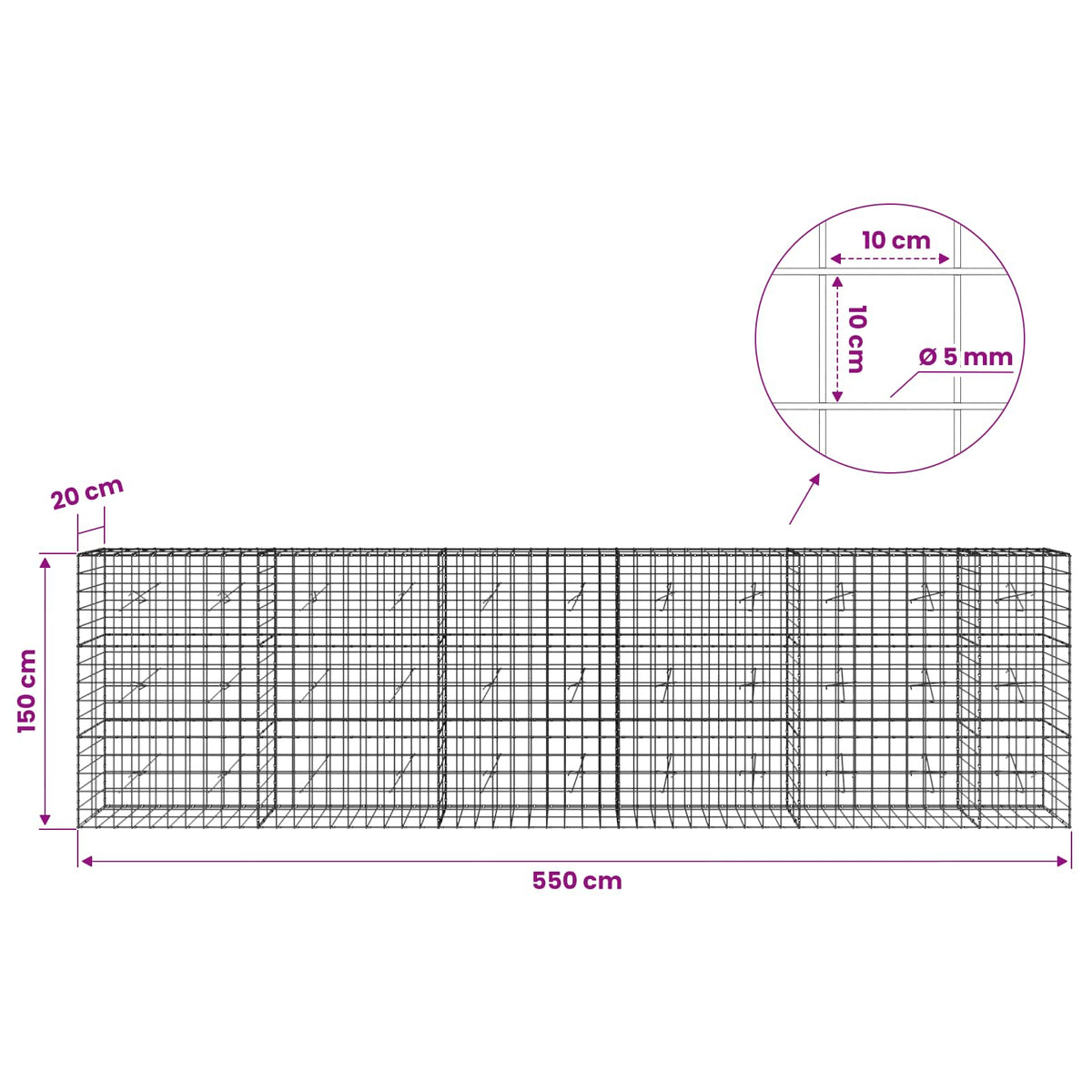 vidaXL Gabion with 5 mm Wire and 10x10 cm Mesh 550x20x150 cm 6