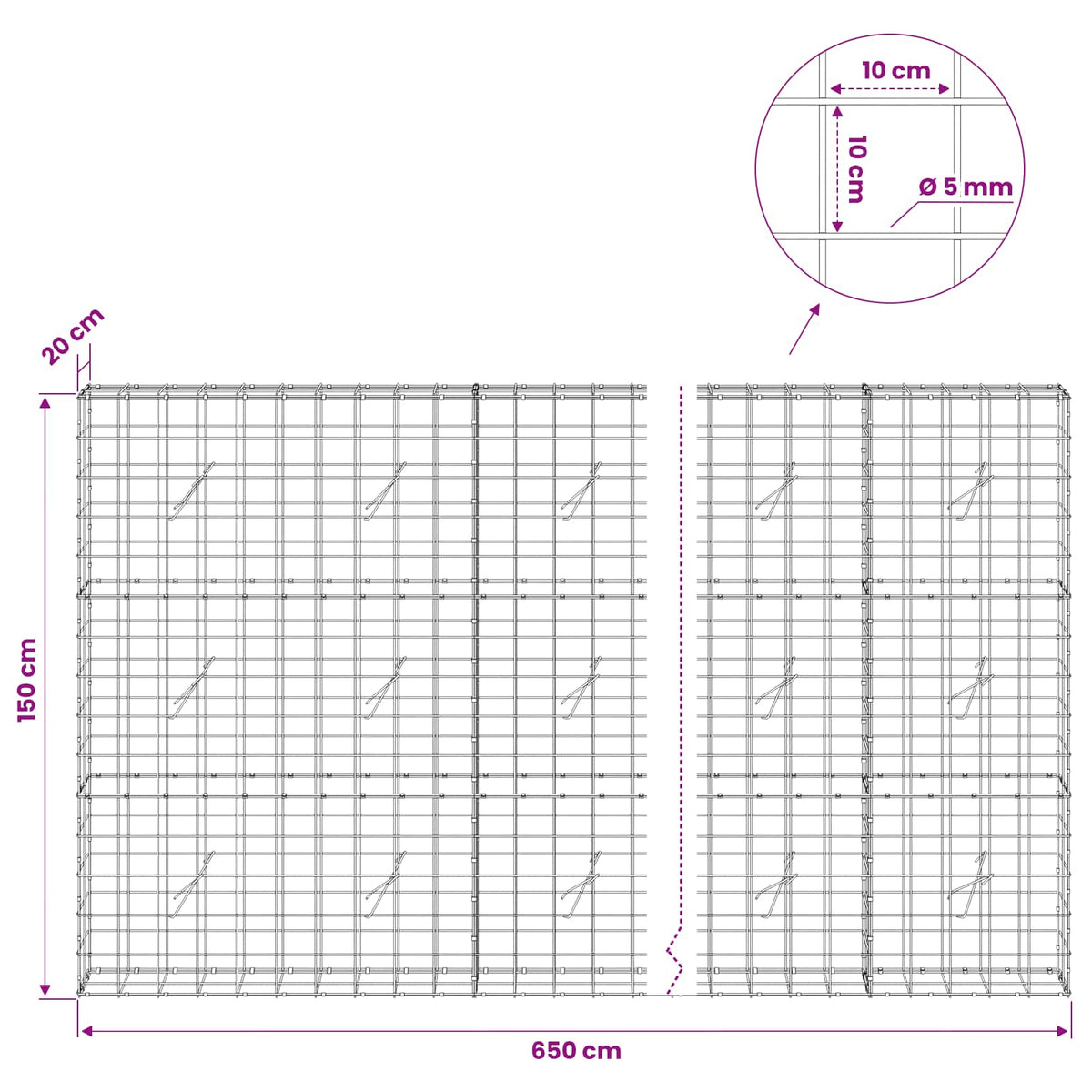vidaXL Gabion with 5 mm Wire and 10x10 cm Mesh 650x20x150 cm 6