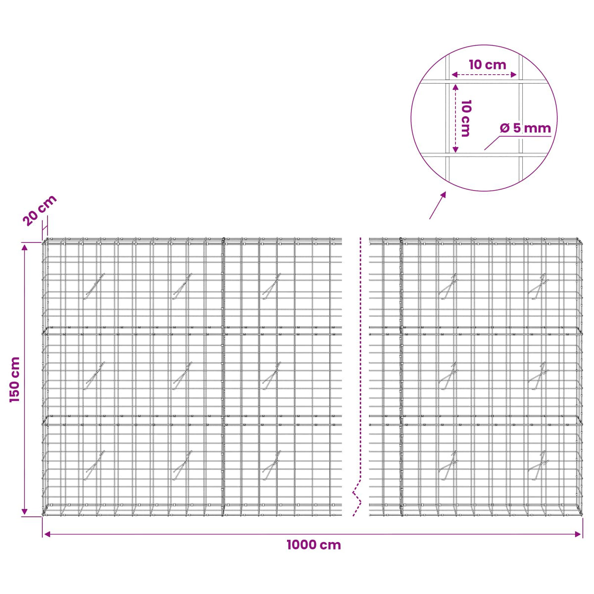 vidaXL Gabion with 5 mm Wire and 10x10 cm Mesh 1000x20x150 cm 6