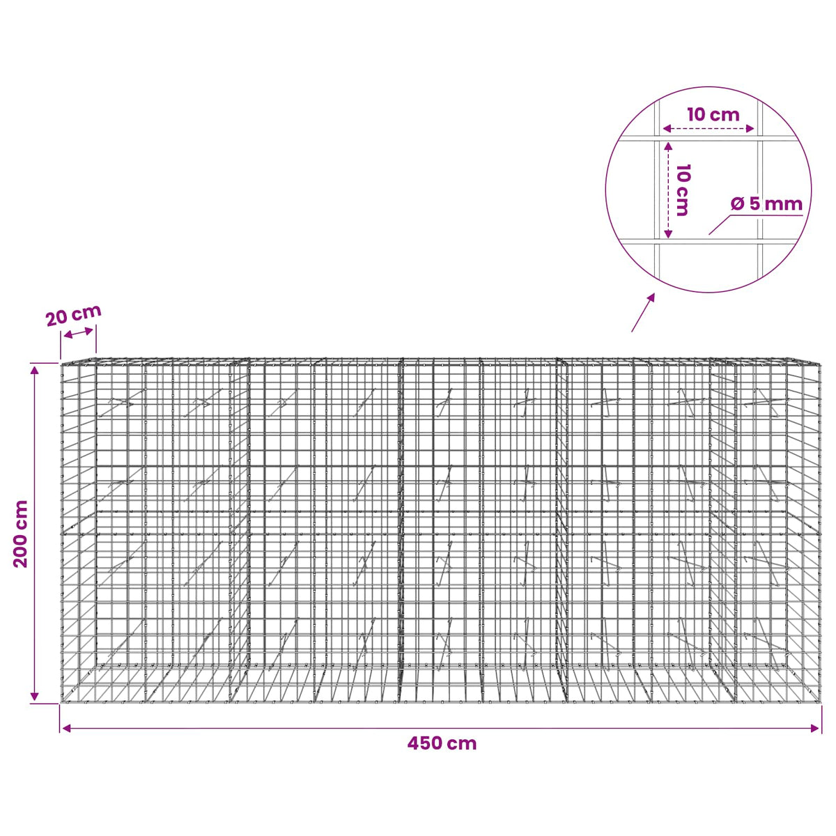 vidaXL Gabion with 5 mm Wire and 10x10 cm Mesh 450x20x200 cm 6