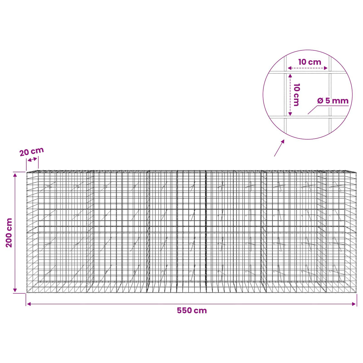 vidaXL Gabion with 5 mm Wire and 10x10 cm Mesh 550x20x200 cm 6