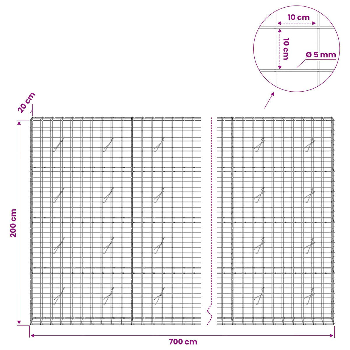 vidaXL Gabion with 5 mm Wire and 10x10 cm Mesh 700x20x200 cm 6