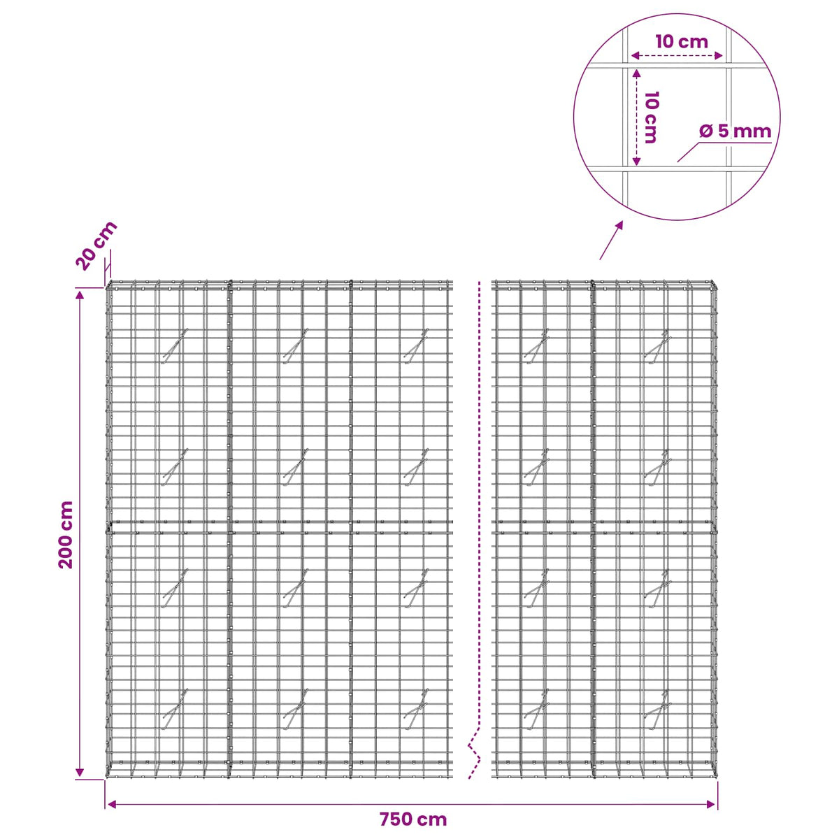 vidaXL Gabion with 5 mm Wire and 10x10 cm Mesh 750x20x200 cm 6