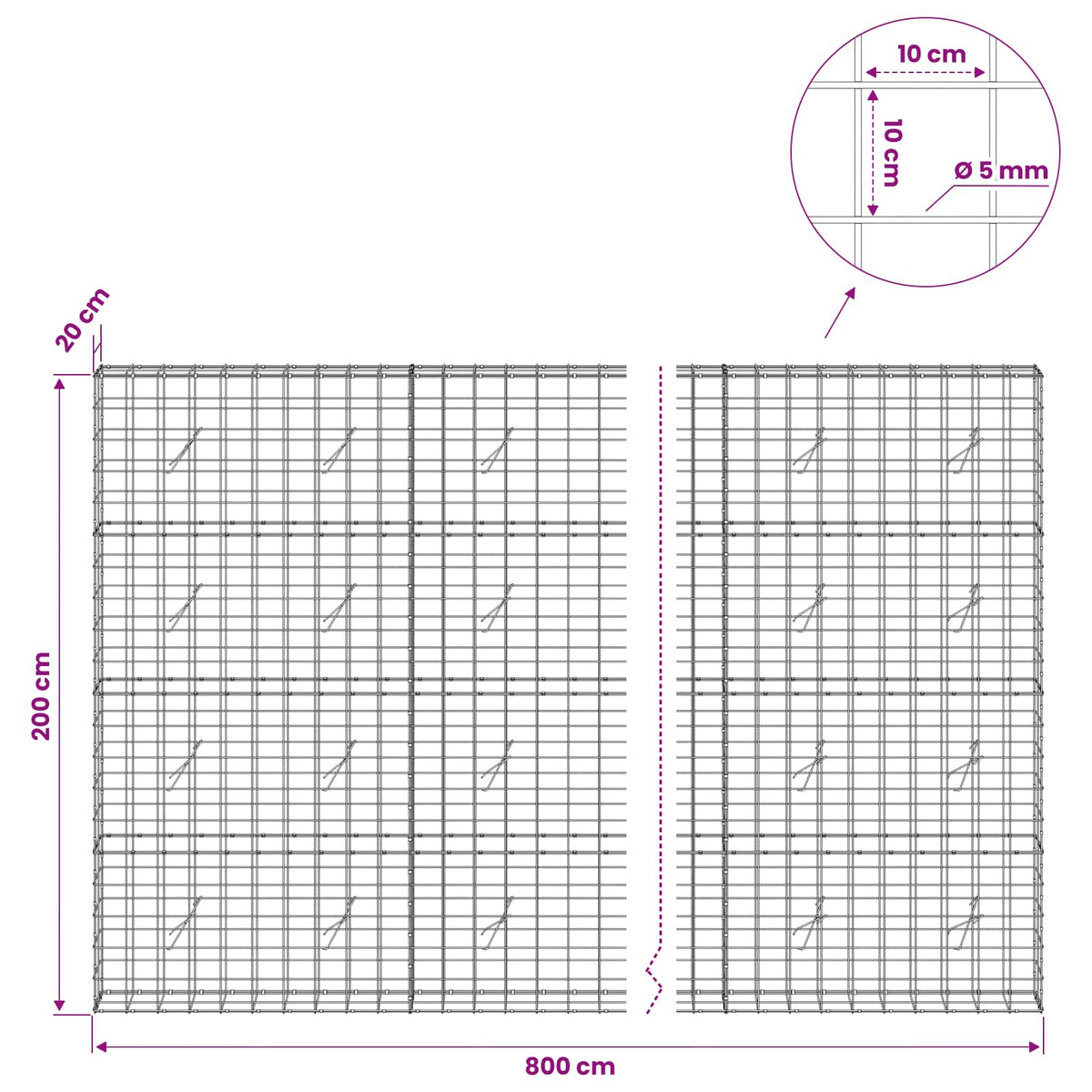 vidaXL Gabion with 5 mm Wire and 10x10 cm Mesh 800x20x200 cm 6