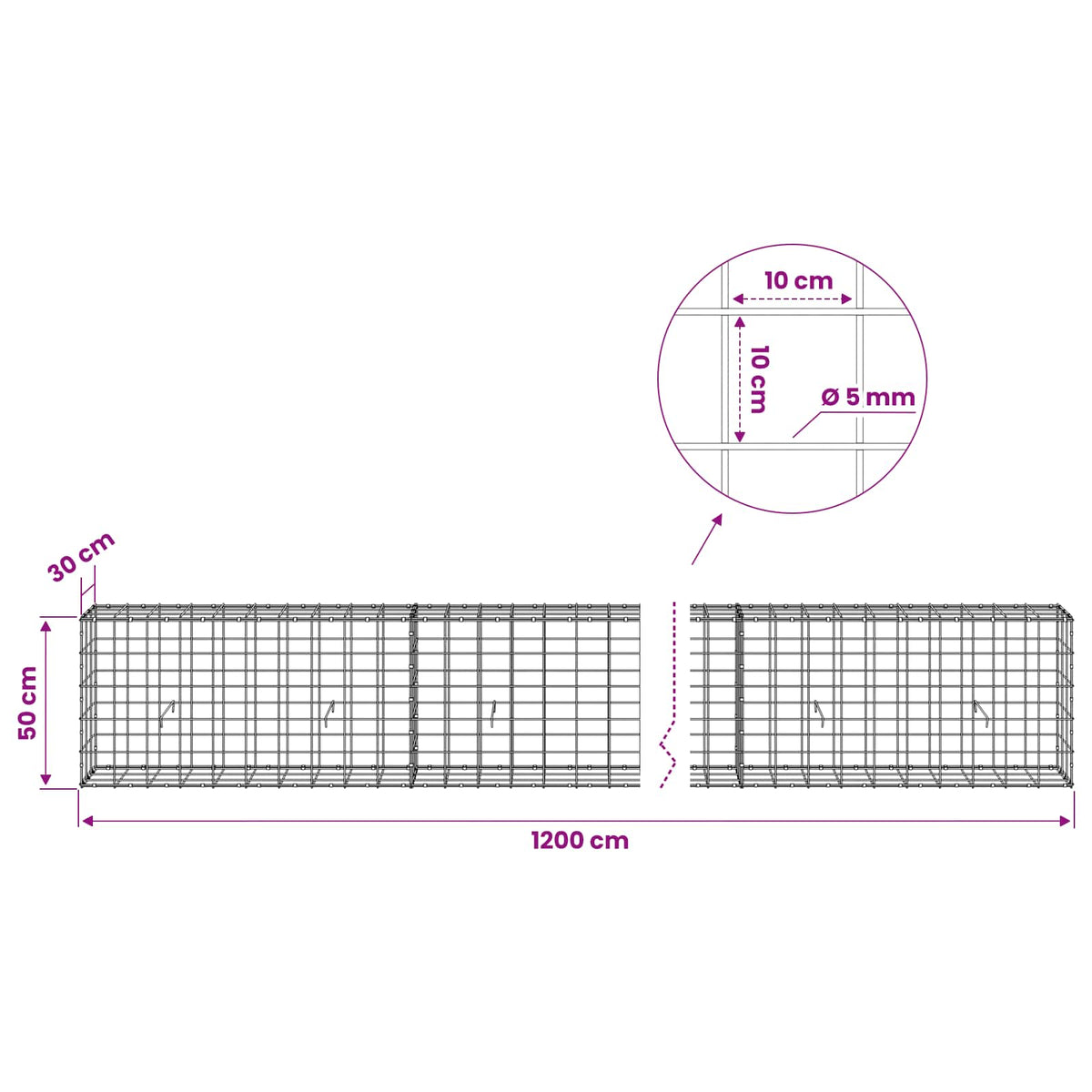 vidaXL Gabion with 5 mm Wire and 10x10 cm Mesh 1200x30x50 cm 6