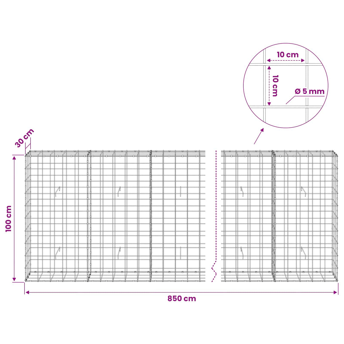 vidaXL Gabion with 5 mm Wire and 10x10 cm Mesh 850x30x100 cm 6