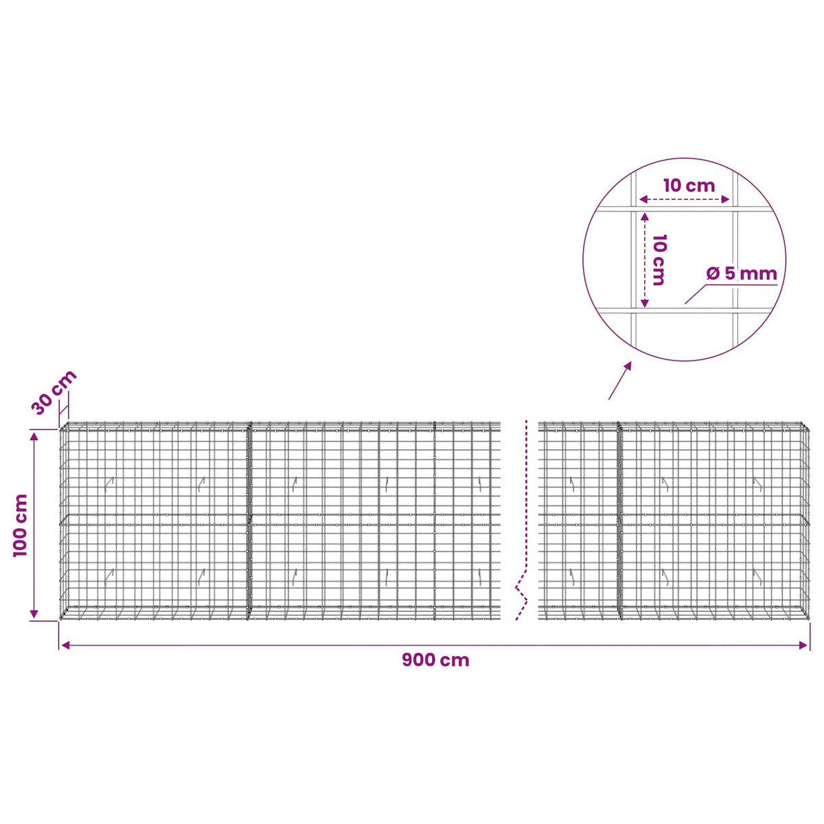 vidaXL Gabion with 5 mm Wire and 10x10 cm Mesh 900x30x100 cm 6