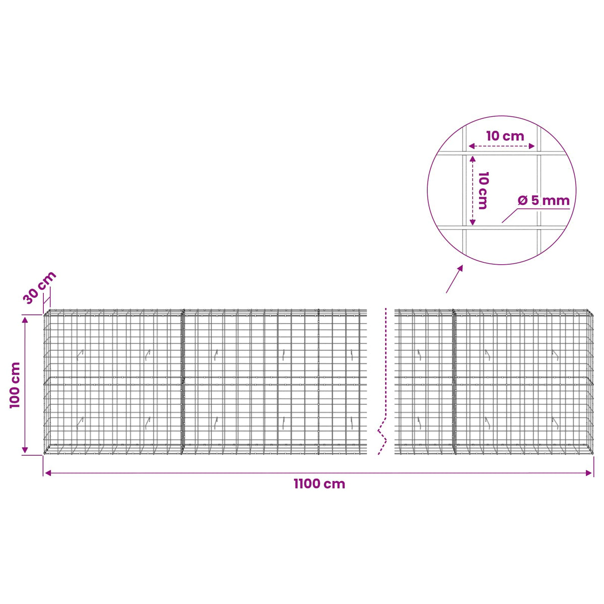 vidaXL Gabion with 5 mm Wire and 10x10 cm Mesh 1100x30x100 cm 6