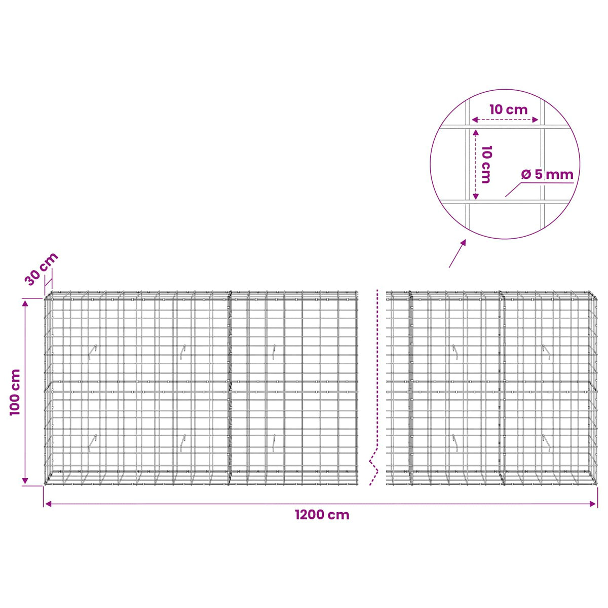 vidaXL Gabion with 5 mm Wire and 10x10 cm Mesh 1200x30x100 cm 6