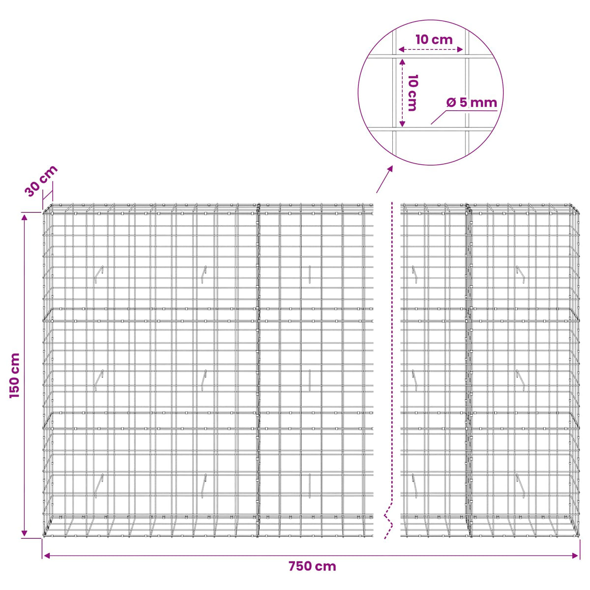 vidaXL Gabion with 5 mm Wire and 10x10 cm Mesh 750x30x150 cm 6