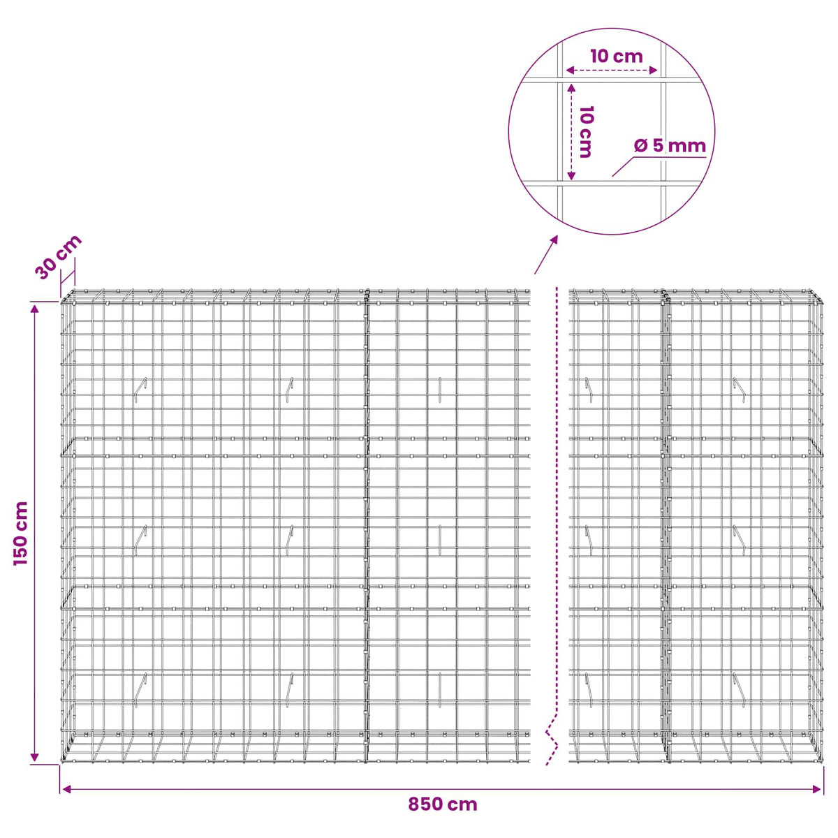 vidaXL Gabion with 5 mm Wire and 10x10 cm Mesh 850x30x150 cm 6