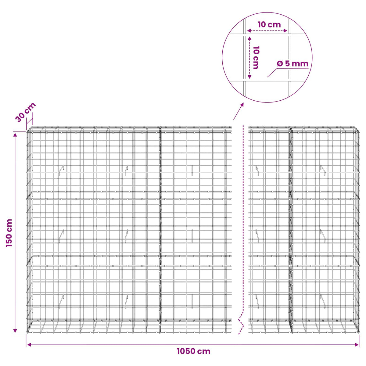 vidaXL Gabion with 5 mm Wire and 10x10 cm Mesh 1050x30x150 cm 6