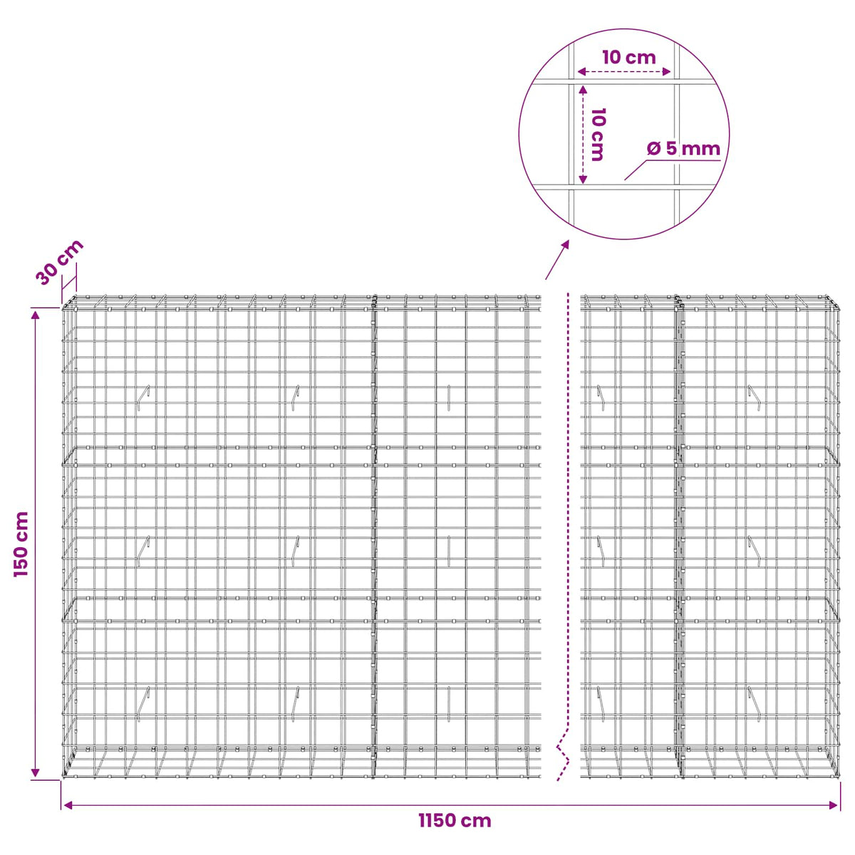 vidaXL Gabion with 5 mm Wire and 10x10 cm Mesh 1150x30x150 cm 6