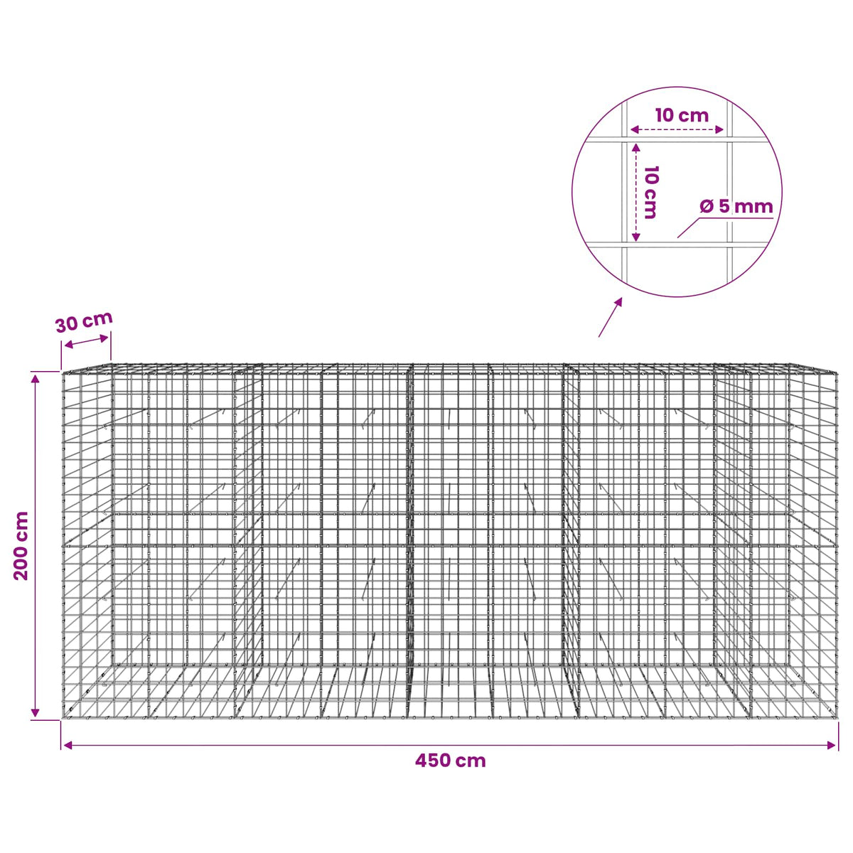 vidaXL Gabion with 5 mm Wire and 10x10 cm Mesh 450x30x200 cm 6