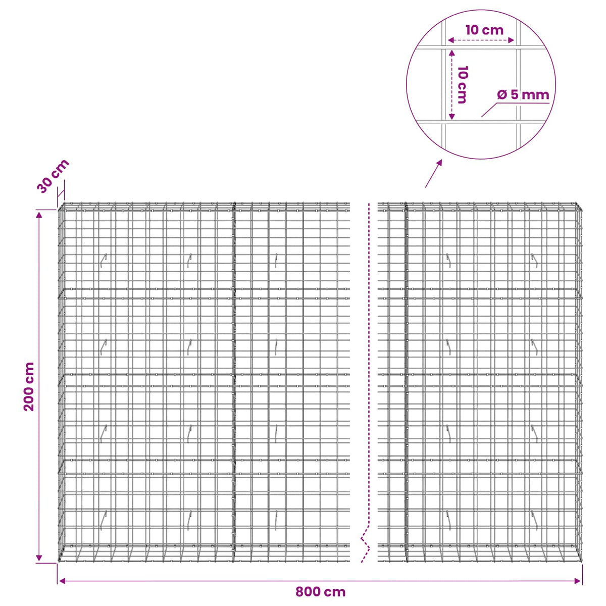 vidaXL Gabion with 5 mm Wire and 10x10 cm Mesh 800x30x200 cm 6