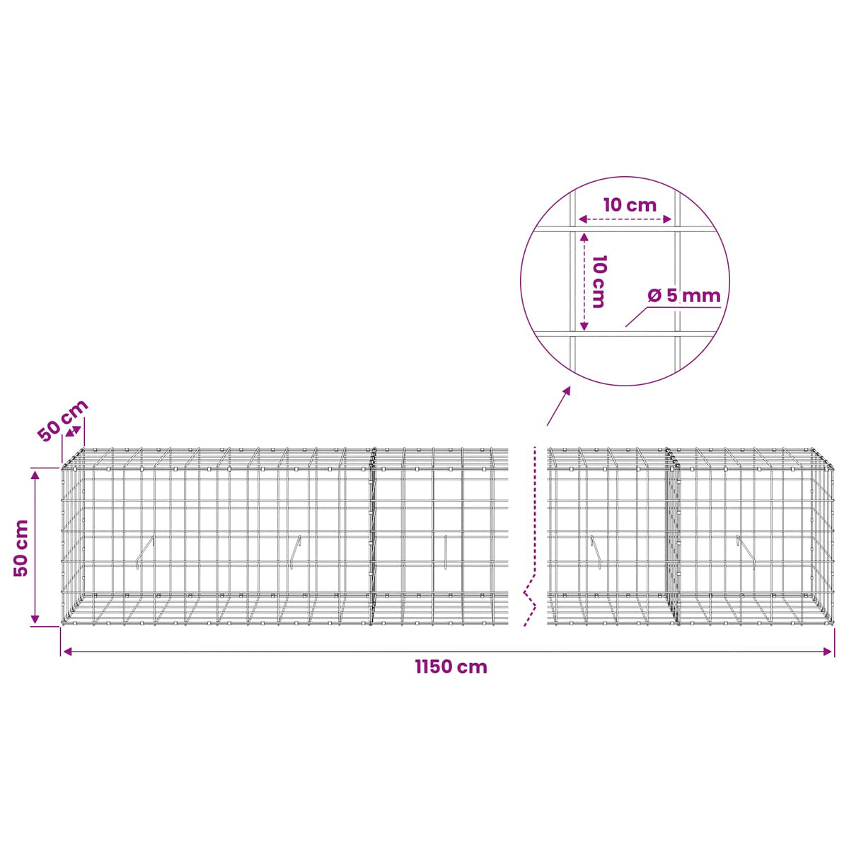 vidaXL Gabion with 5 mm Wire and 10x10 cm Mesh 1150x50x50 cm 6