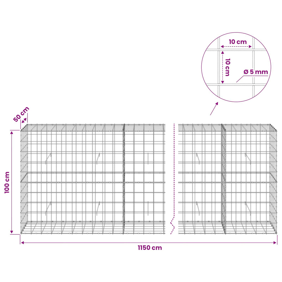 vidaXL Gabion with 5 mm Wire and 10x10 cm Mesh 1150x50x100 cm 6