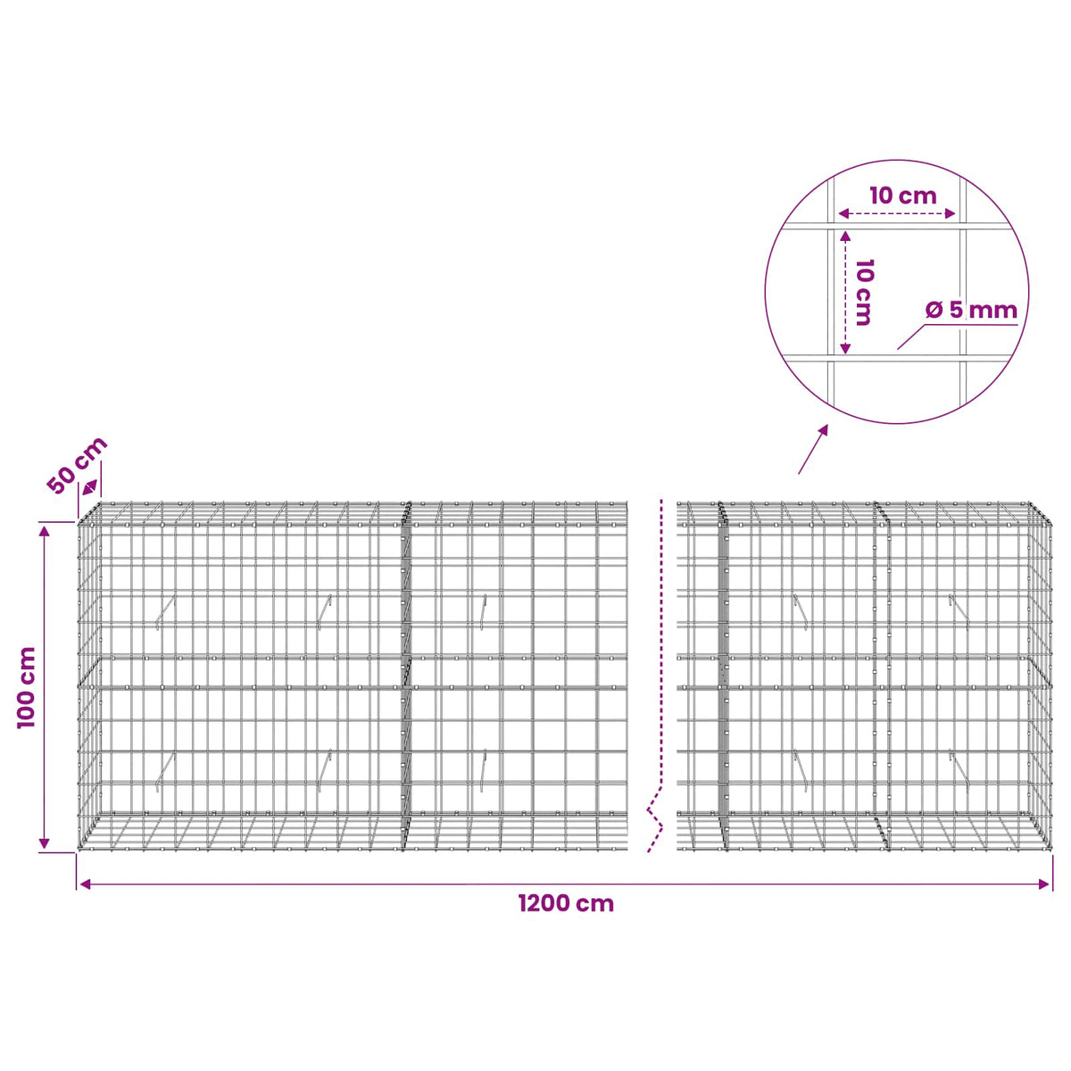 vidaXL Gabion with 5 mm Wire and 10x10 cm Mesh 1200x50x100 cm 6