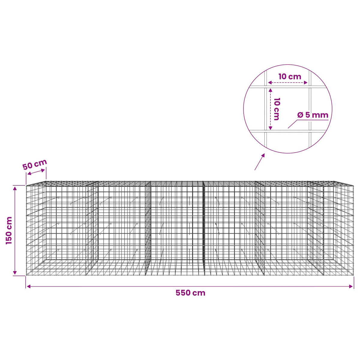 vidaXL Gabion with 5 mm Wire and 10x10 cm Mesh 550x50x150 cm 6