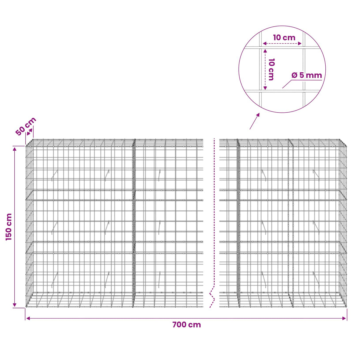 vidaXL Gabion with 5 mm Wire and 10x10 cm Mesh 700x50x150 cm 6