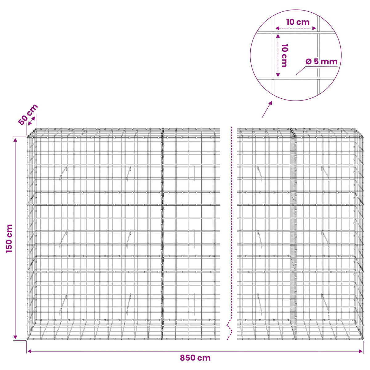 vidaXL Gabion with 5 mm Wire and 10x10 cm Mesh 850x50x150 cm 6