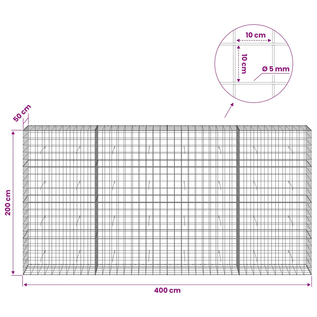 vidaXL Gabion with 5 mm Wire and 10x10 cm Mesh 400x50x200 cm 6