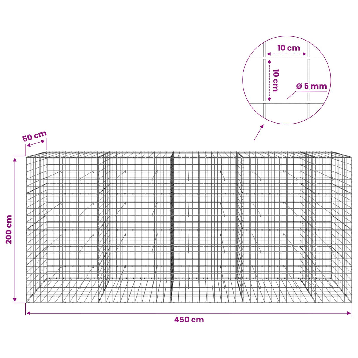 vidaXL Gabion with 5 mm Wire and 10x10 cm Mesh 450x50x200 cm 6
