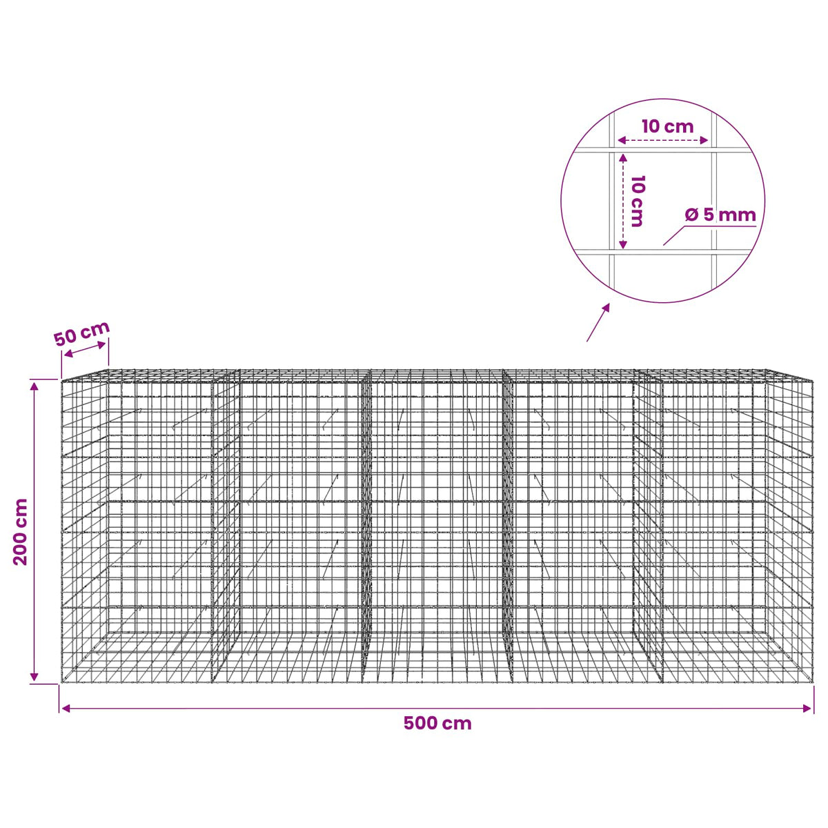 vidaXL Gabion with 5 mm Wire and 10x10 cm Mesh 500x50x200 cm 6