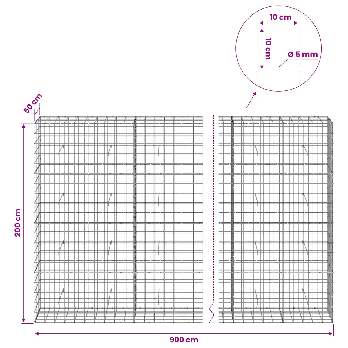 vidaXL Gabion with 5 mm Wire and 10x10 cm Mesh 900x50x200 cm 6