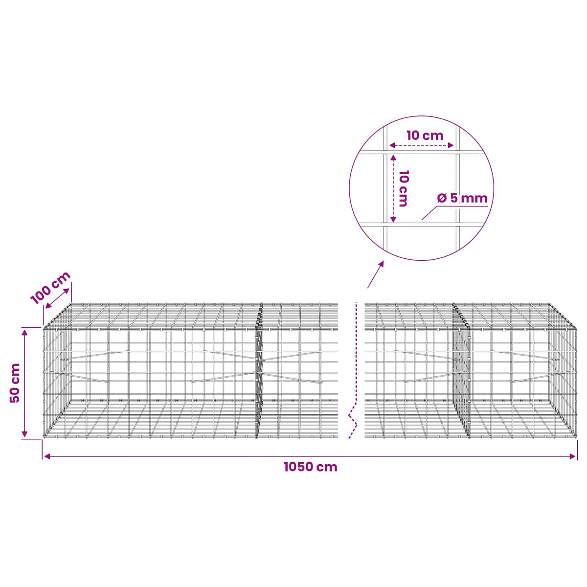 vidaXL Gabion with 5 mm Wire and 10x10 cm Mesh 1050x100x50 cm 6