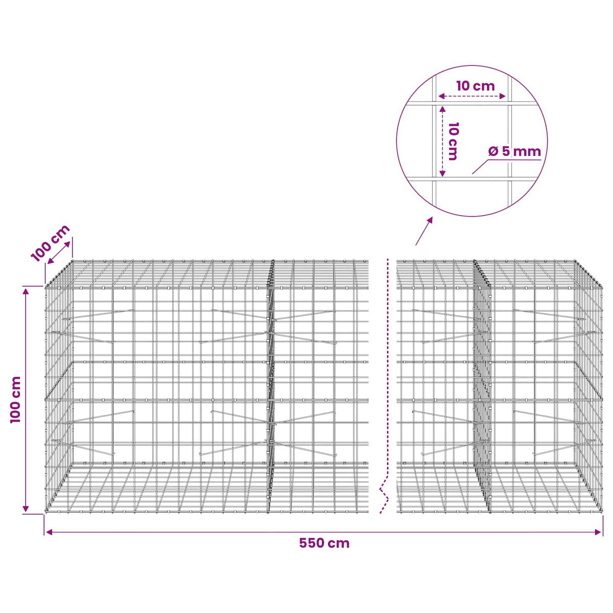 vidaXL Gabion with 5 mm Wire and 10x10 cm Mesh 550x100x100 cm 6