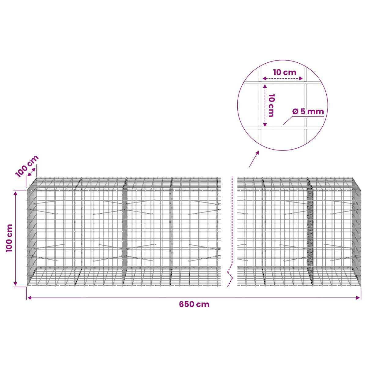 vidaXL Gabion with 5 mm Wire and 10x10 cm Mesh 650x100x100 cm 6