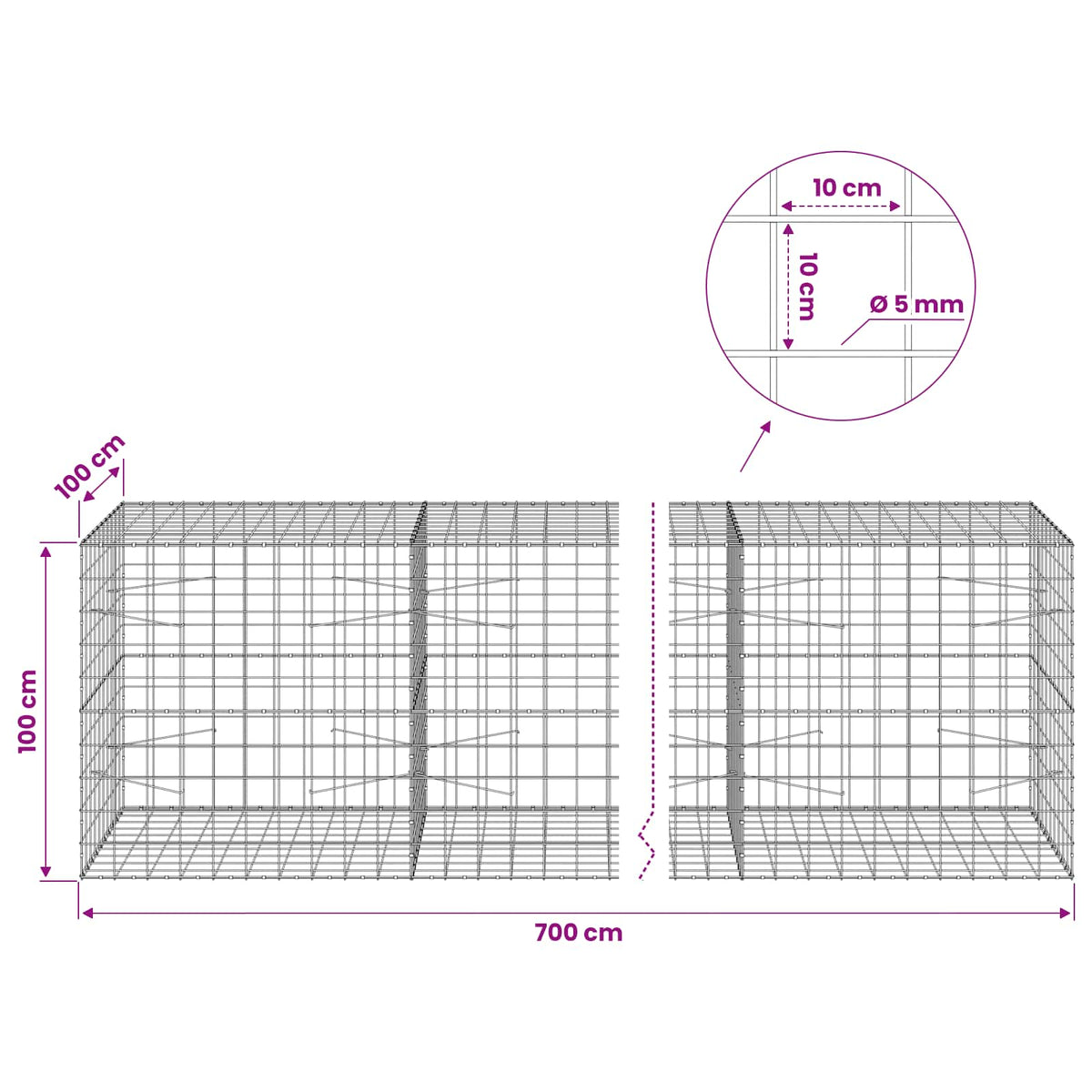 vidaXL Gabion with 5 mm Wire and 10x10 cm Mesh 700x100x100 cm 6