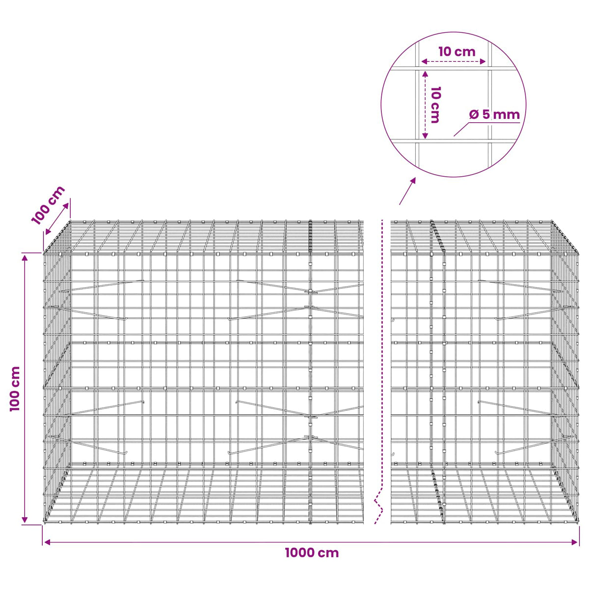 vidaXL Gabion with 5 mm Wire and 10x10 cm Mesh 1000x100x100 cm 6