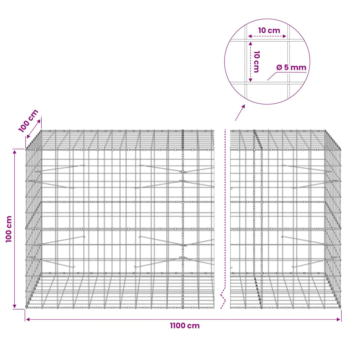 vidaXL Gabion with 5 mm Wire and 10x10 cm Mesh 1100x100x100 cm 6