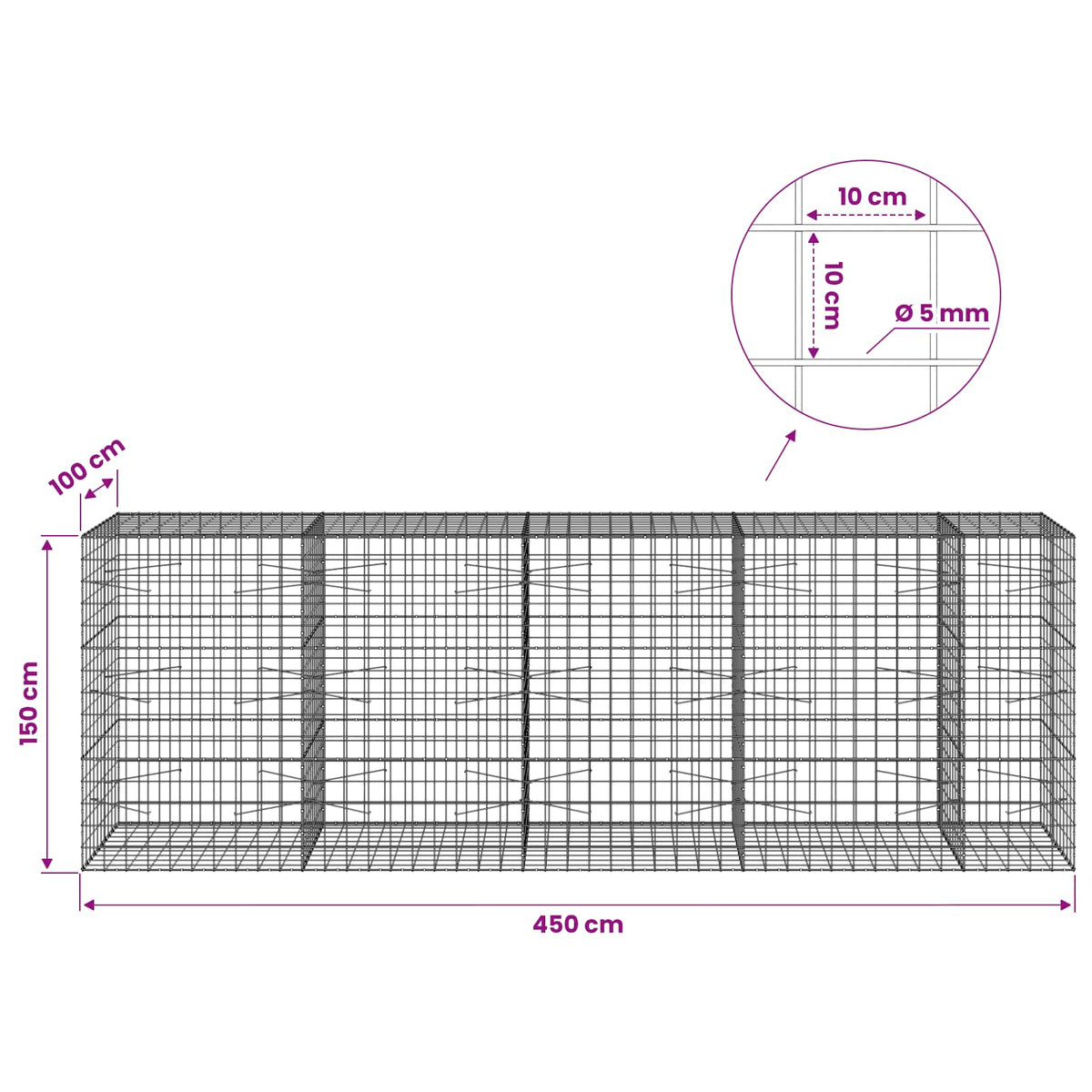 vidaXL Gabion with 5 mm Wire and 10x10 cm Mesh 450x100x150 cm 6