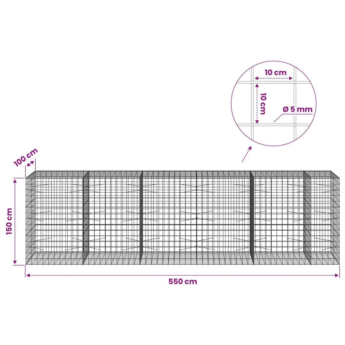 vidaXL Gabion with 5 mm Wire and 10x10 cm Mesh 550x100x150 cm 6