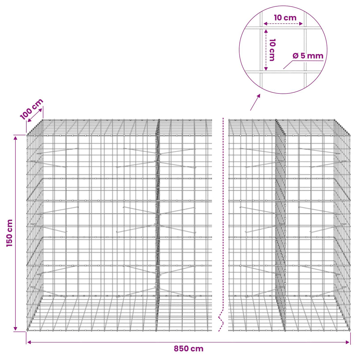 vidaXL Gabion with 5 mm Wire and 10x10 cm Mesh 850x100x150 cm 6