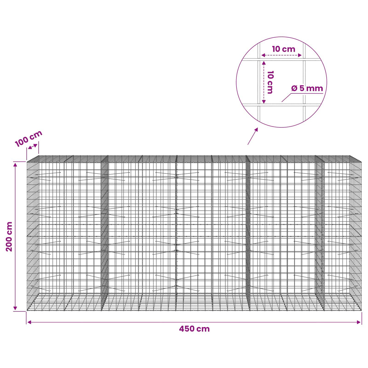 vidaXL Gabion with 5 mm Wire and 10x10 cm Mesh 450x100x200 cm 6