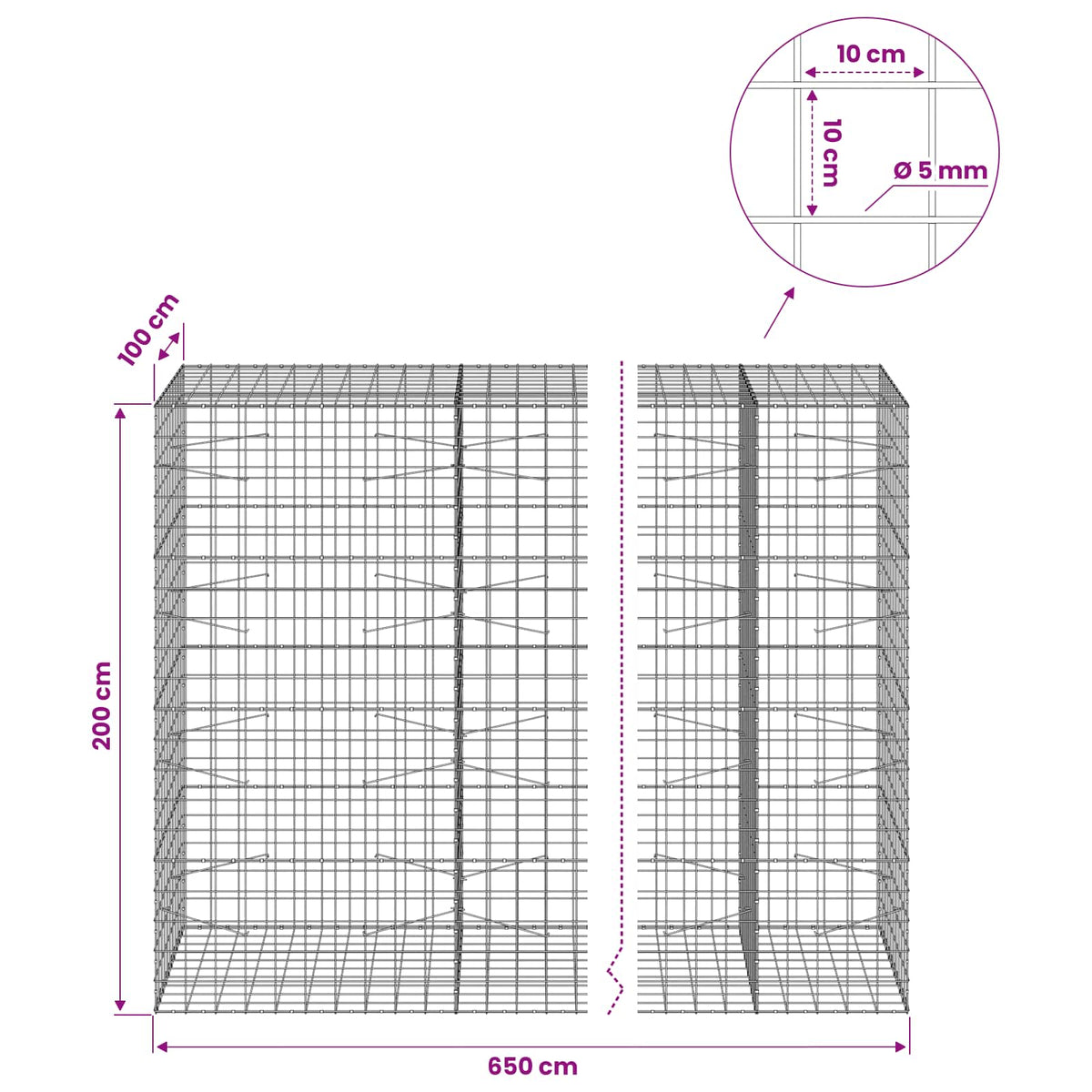 vidaXL Gabion with 5 mm Wire and 10x10 cm Mesh 650x100x200 cm 6