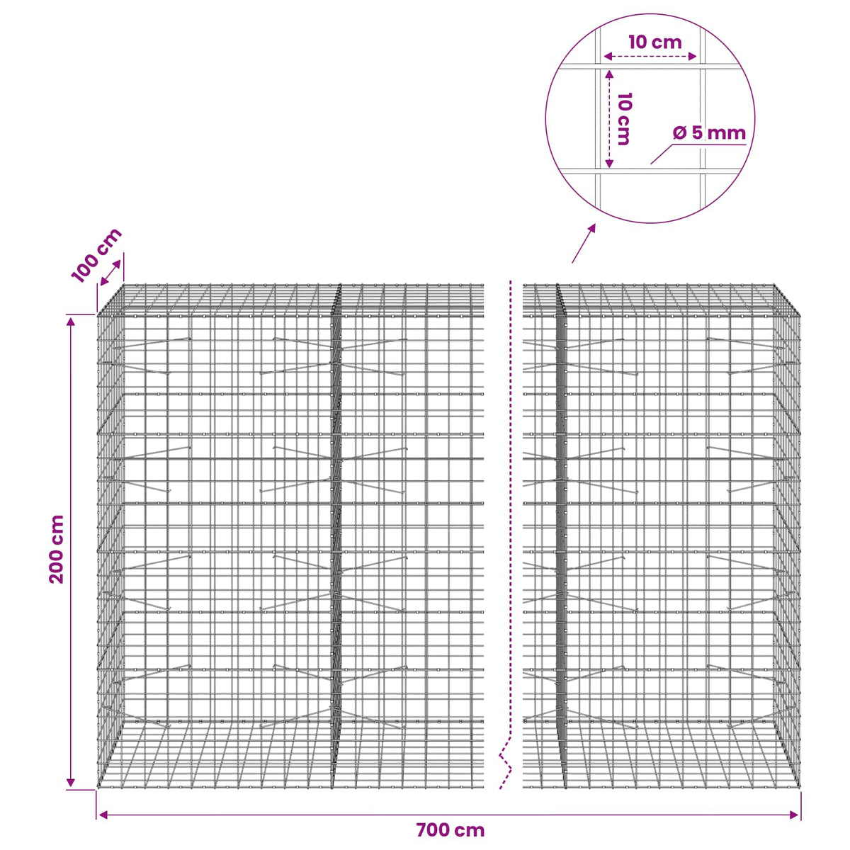 vidaXL Gabion with 5 mm Wire and 10x10 cm Mesh 700x100x200 cm 6