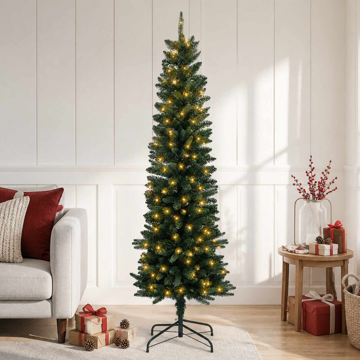 Artificial Slim Christmas Tree with Bauble 150 LEDs Green 150 cm with LEDs