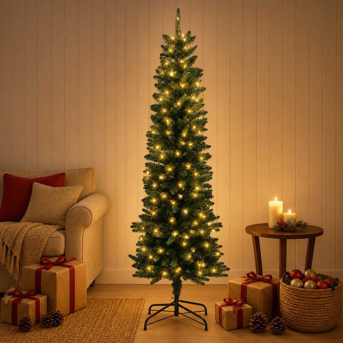 Artificial Slim Christmas Tree with Bauble 150 LEDs Green 150 cm with LEDs