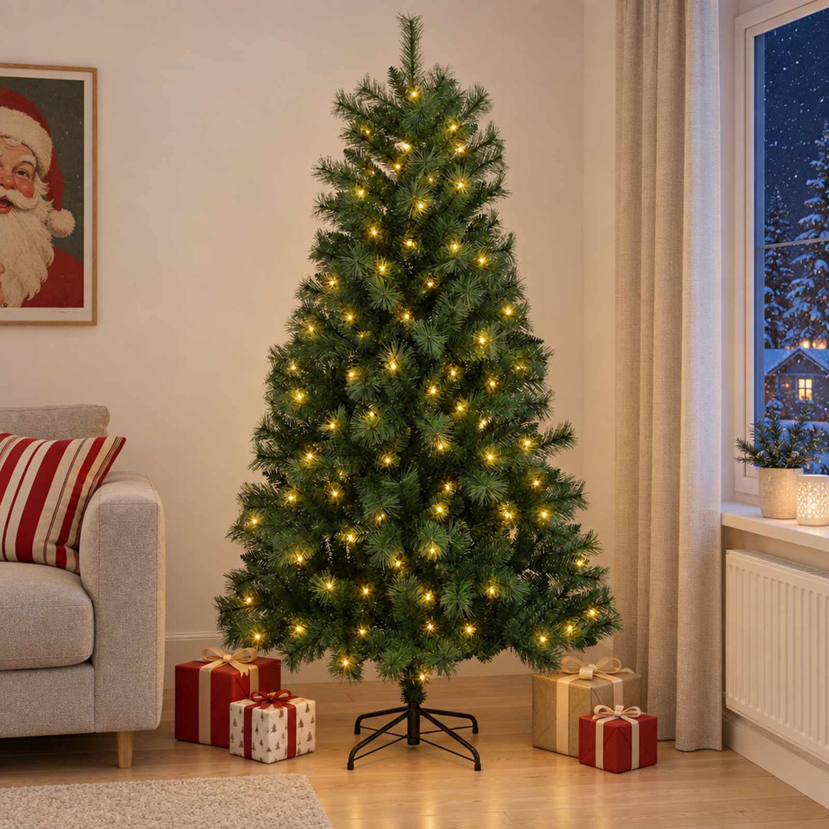 Artificial Hinged Christmas Tree with Baubles 150 LEDs Green 150 cm with LEDs