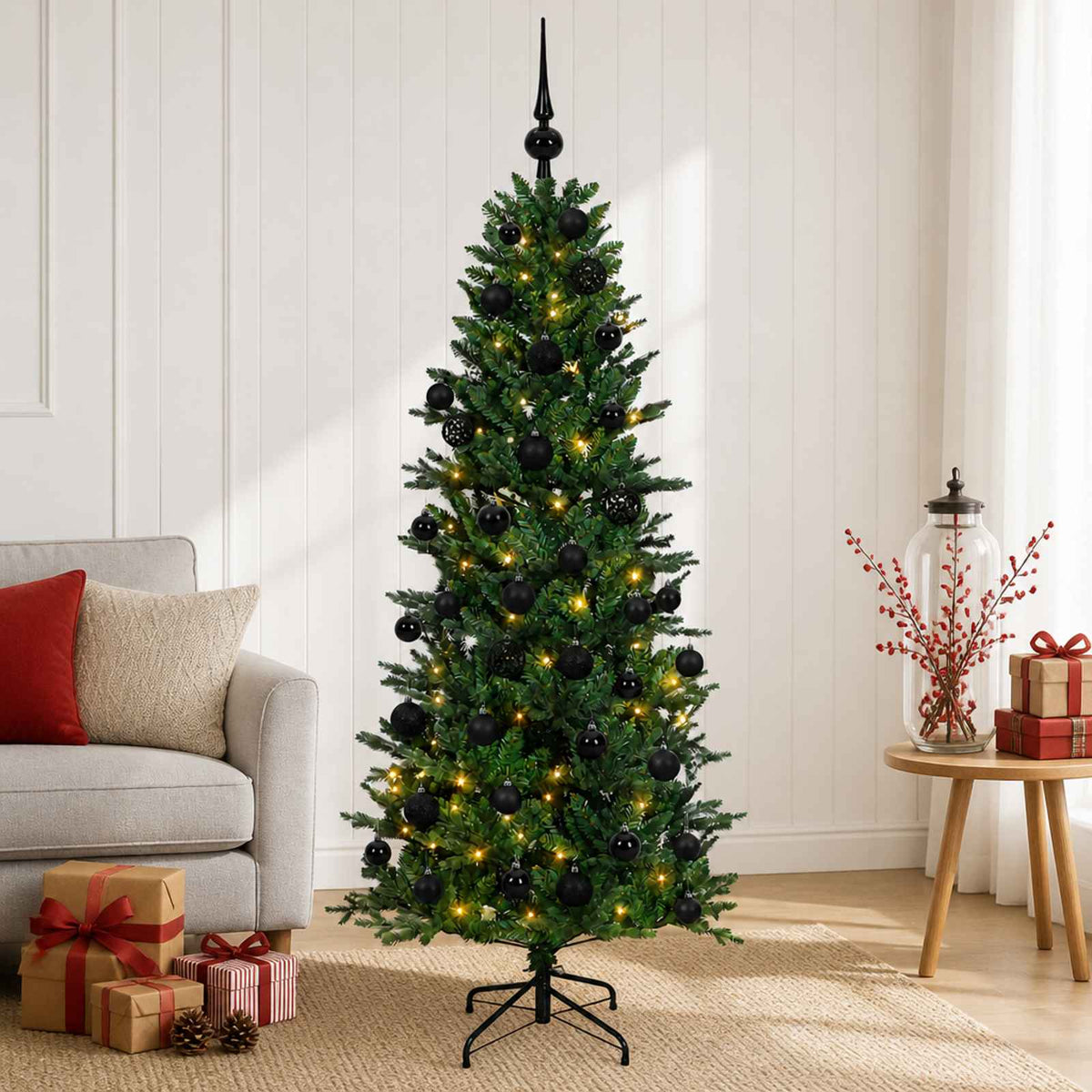 Artificial Christmas Tree with Bauble 150 LEDs Green Height 120 cm with LEDs & black balls