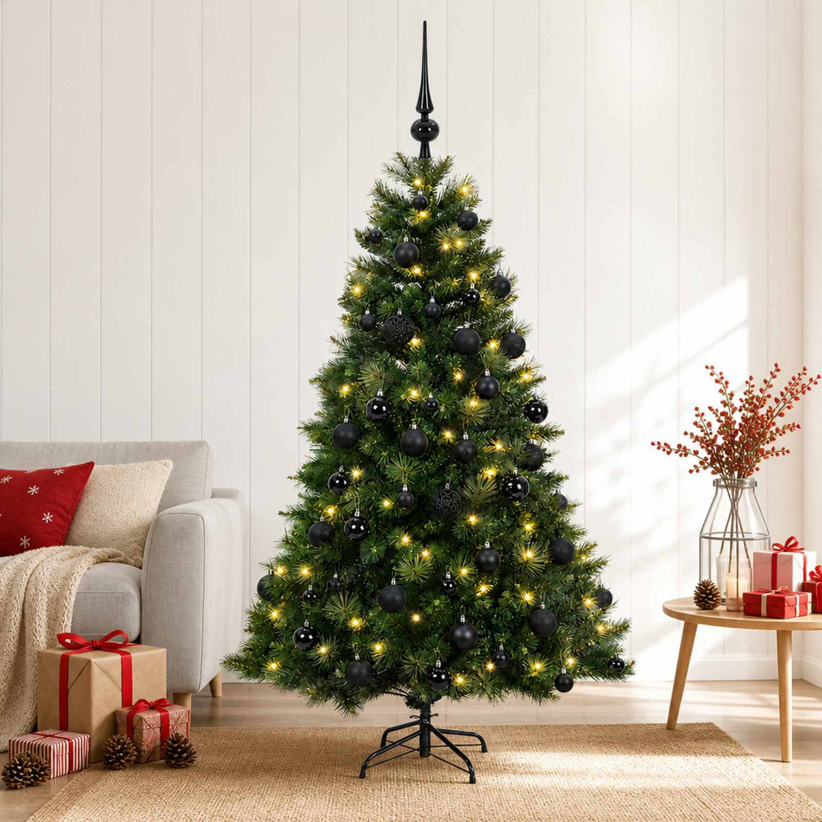 Artificial Christmas Tree with Bauble 150 LEDs Green with LEDs & black balls