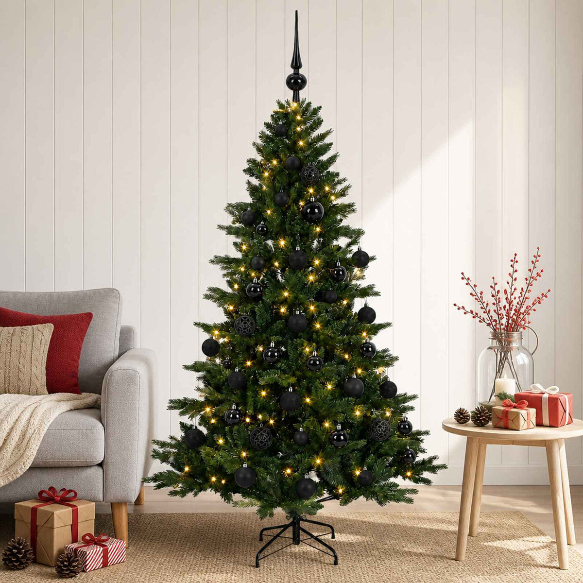 Artificial Christmas Tree with Bauble 150 LEDs Height 120 cm with LEDs & black balls